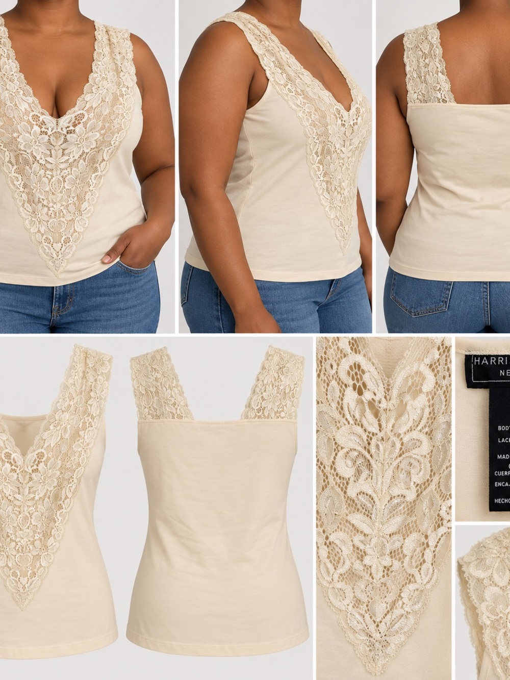Harris Wallace New York Ivory Lace Deep-V Tank Top
